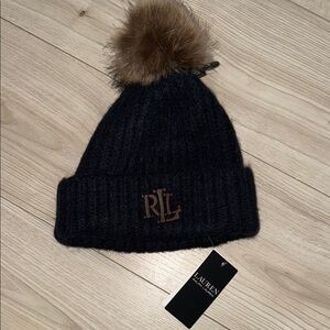 NWT!! Ralph Lauren Dark Knit Beanie with Tan Pom